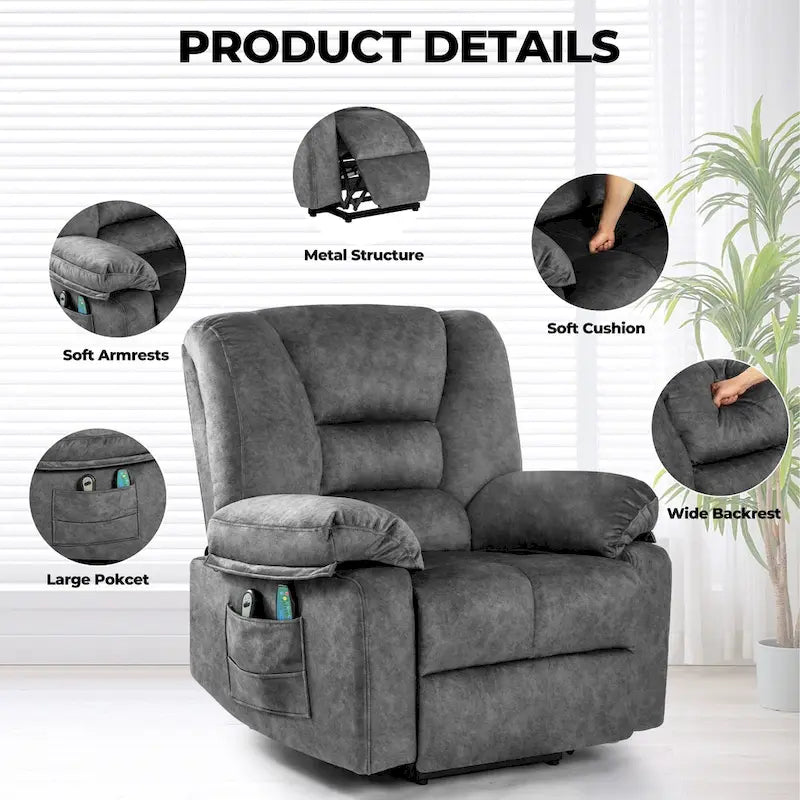 Oversized Velvet Power Lift Recliner with Massage, Heating & Pockets