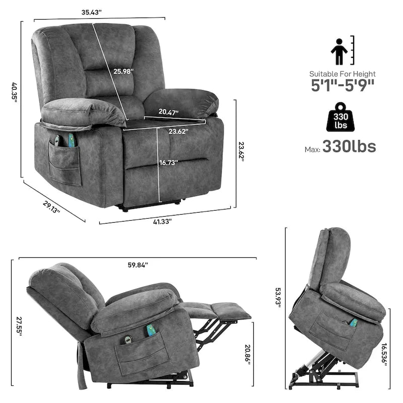 Oversized Velvet Power Lift Recliner with Massage, Heating & Pockets