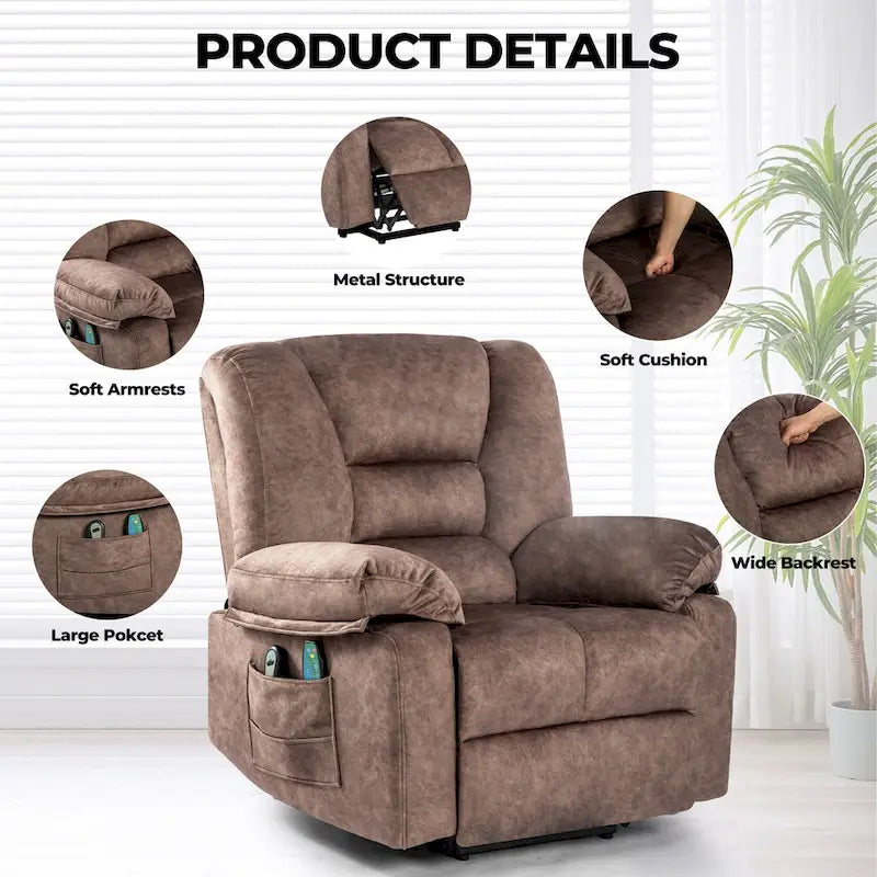 Oversized Velvet Power Lift Recliner with Massage, Heating & Pockets