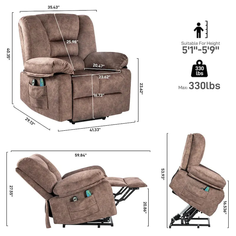 Oversized Velvet Power Lift Recliner with Massage, Heating & Pockets