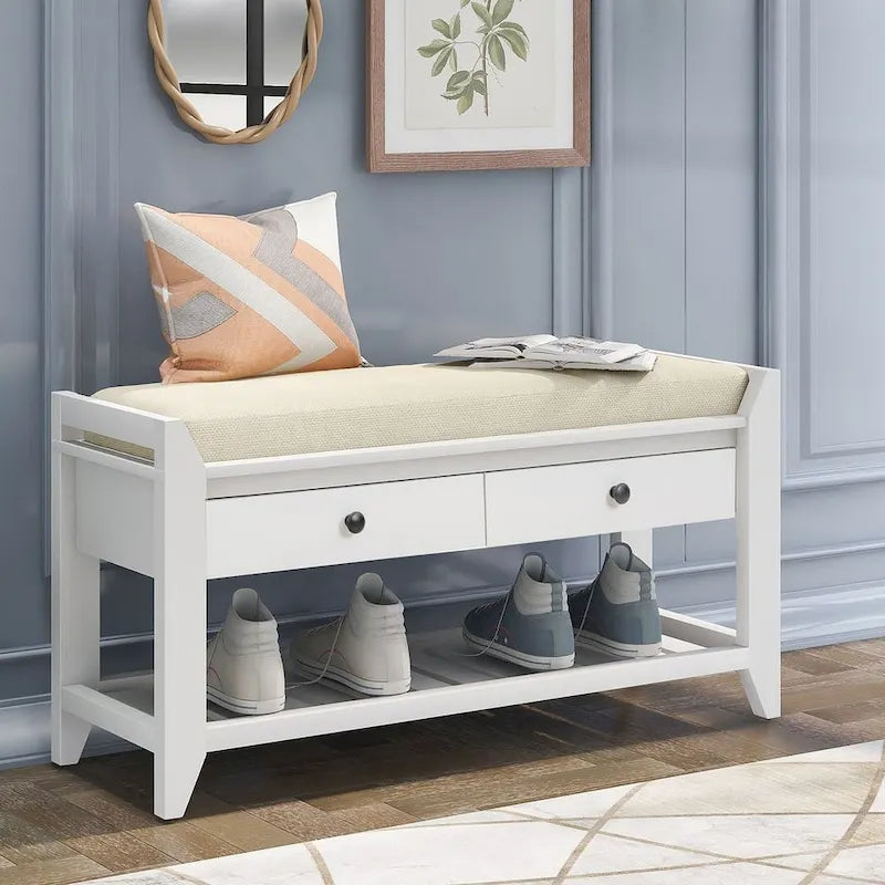 39 Farmhouse Versatile Entry Upholstered Storage Bench with 2 Drawers and 1 Shoe Rack
