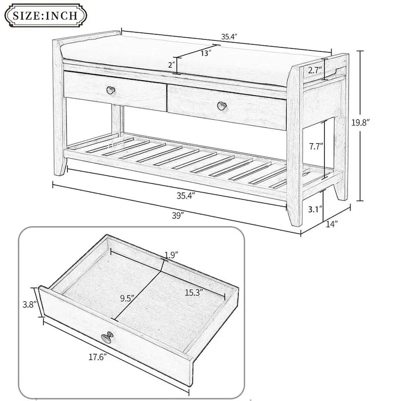 39 Farmhouse Versatile Entry Upholstered Storage Bench with 2 Drawers and 1 Shoe Rack