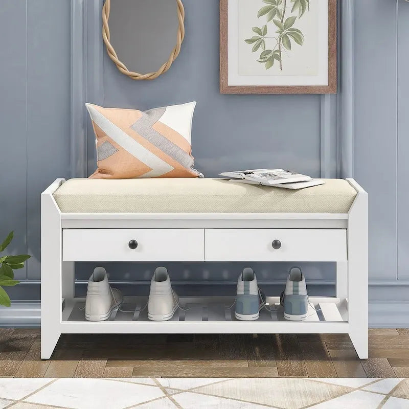39 Farmhouse Versatile Entry Upholstered Storage Bench with 2 Drawers and 1 Shoe Rack