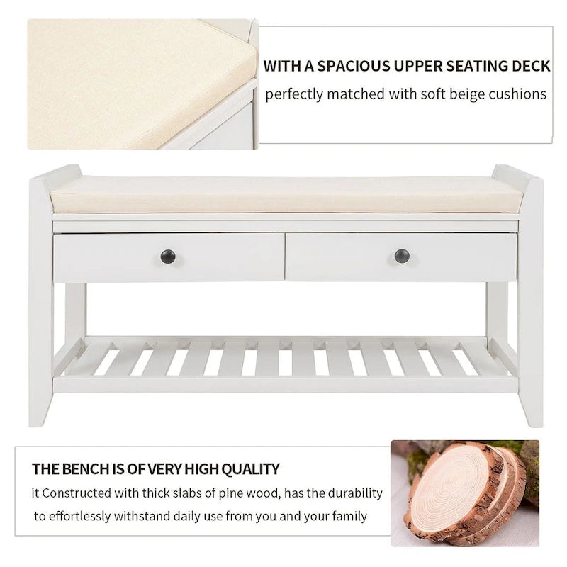 39 Farmhouse Versatile Entry Upholstered Storage Bench with 2 Drawers and 1 Shoe Rack