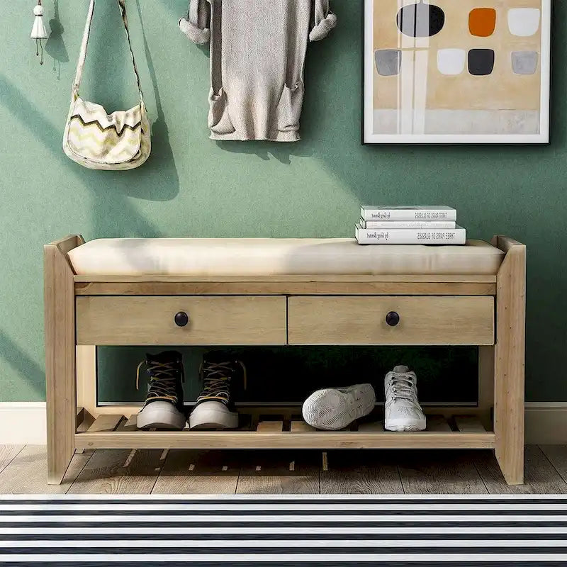 39 Farmhouse Versatile Entry Upholstered Storage Bench with 2 Drawers and 1 Shoe Rack