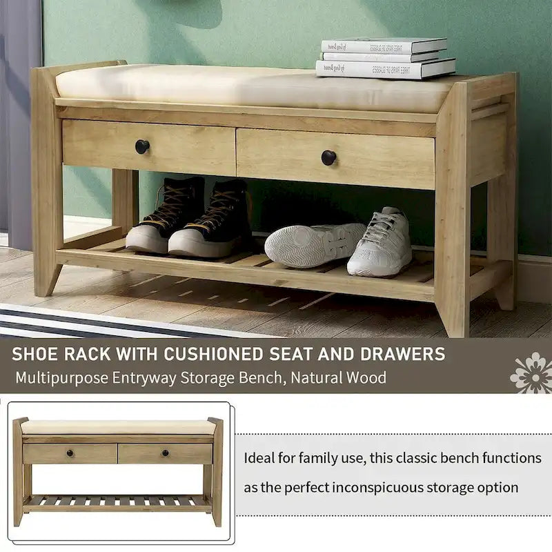 39 Farmhouse Versatile Entry Upholstered Storage Bench with 2 Drawers and 1 Shoe Rack