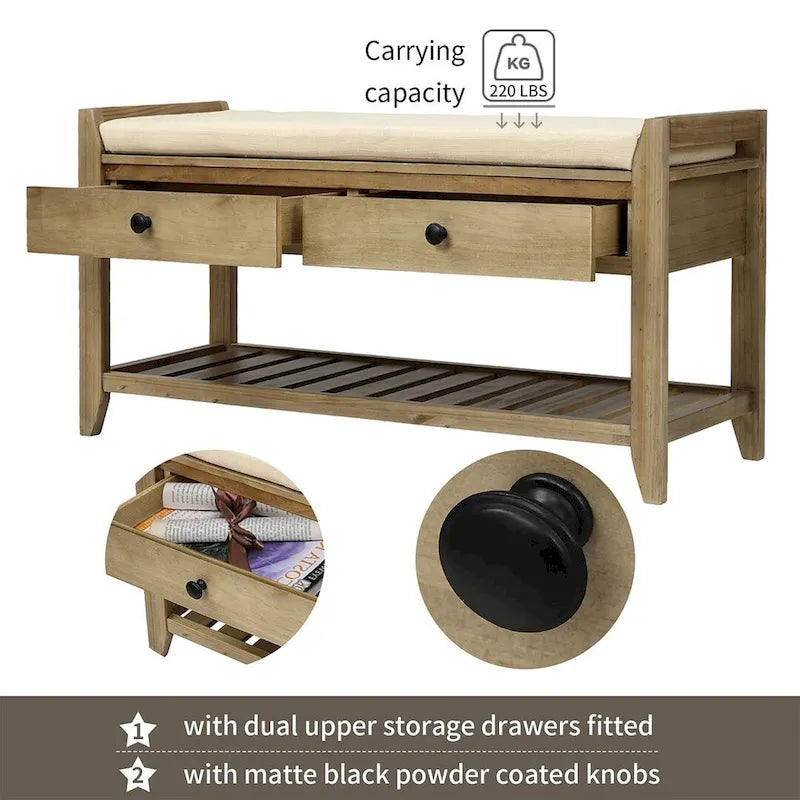 39 Farmhouse Versatile Entry Upholstered Storage Bench with 2 Drawers and 1 Shoe Rack