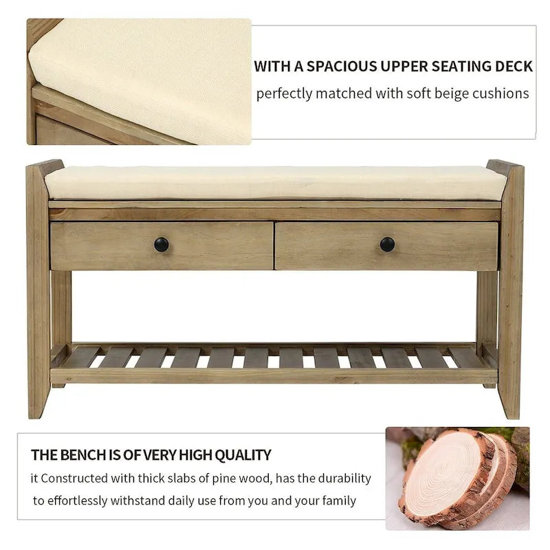 39 Farmhouse Versatile Entry Upholstered Storage Bench with 2 Drawers and 1 Shoe Rack