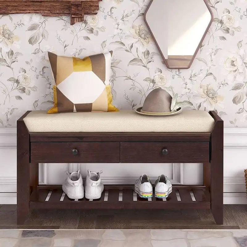 39 Farmhouse Versatile Entry Upholstered Storage Bench with 2 Drawers and 1 Shoe Rack