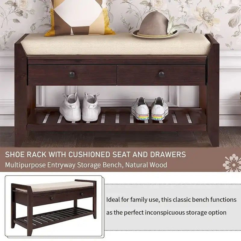 39 Farmhouse Versatile Entry Upholstered Storage Bench with 2 Drawers and 1 Shoe Rack