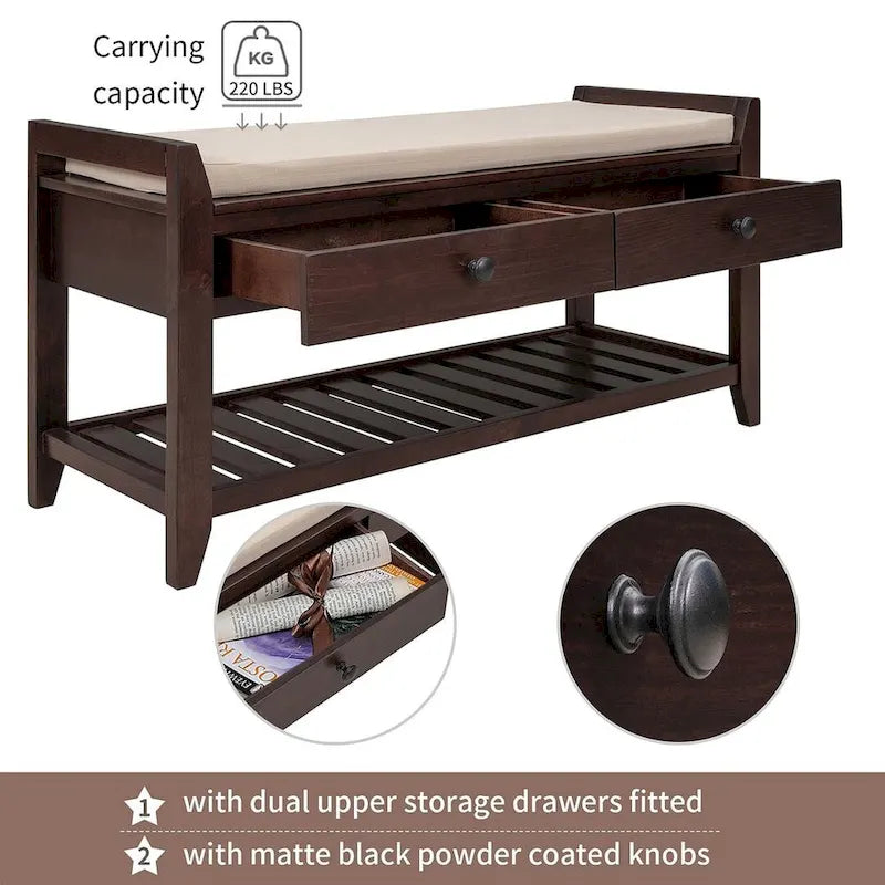 39 Farmhouse Versatile Entry Upholstered Storage Bench with 2 Drawers and 1 Shoe Rack