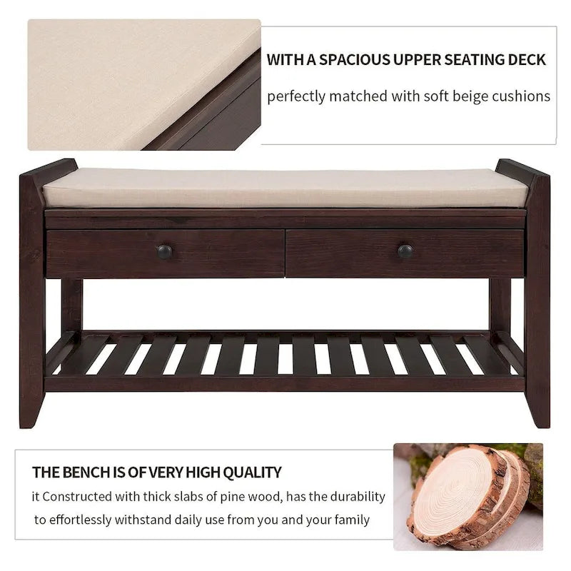 39 Farmhouse Versatile Entry Upholstered Storage Bench with 2 Drawers and 1 Shoe Rack