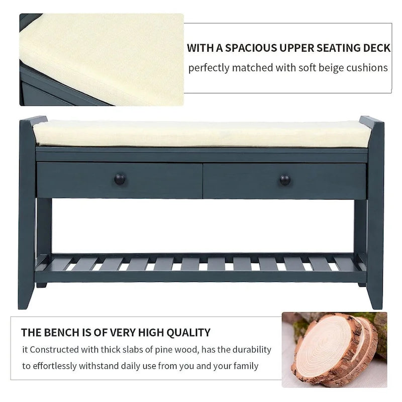 39 Farmhouse Versatile Entry Upholstered Storage Bench with 2 Drawers and 1 Shoe Rack
