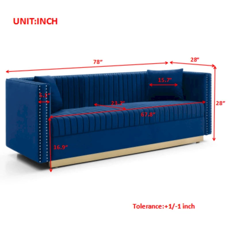 Contemporary Vertical Channel Tufted Velvet Sofa Modern Upholstered Couch for Living Room Apartment with 2 pillows
