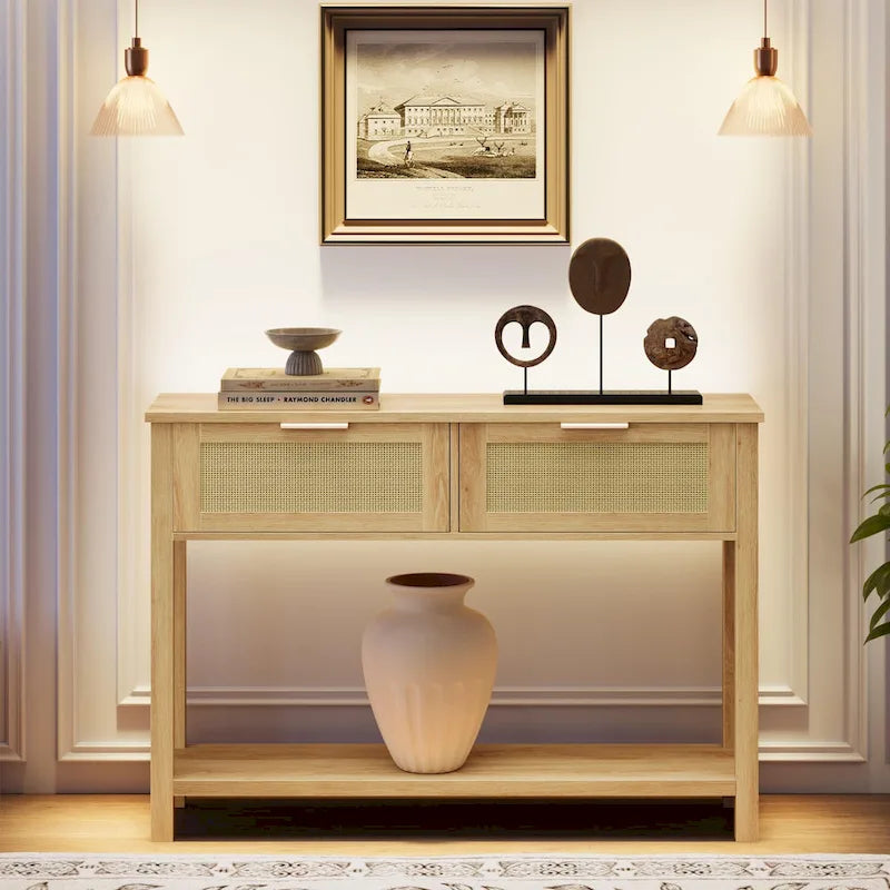 Entryway Table, Console Table with Rattan 2 Drawers, Wood Sofa Table with Storage