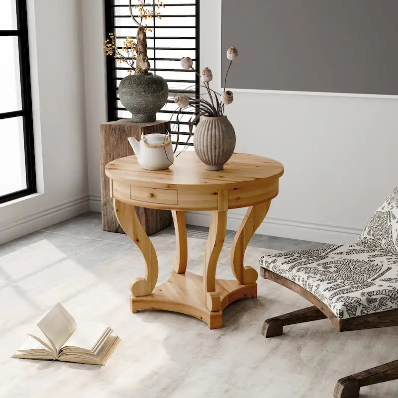 Curved Legs Farmhouse Small Size Round Dining Table End Table Side Table Coffee Table