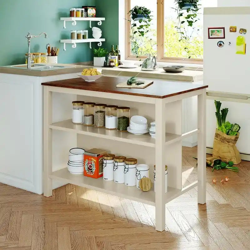 Solid Wood Rustic 45-Inch Kitchen Island with Two Open Shelves