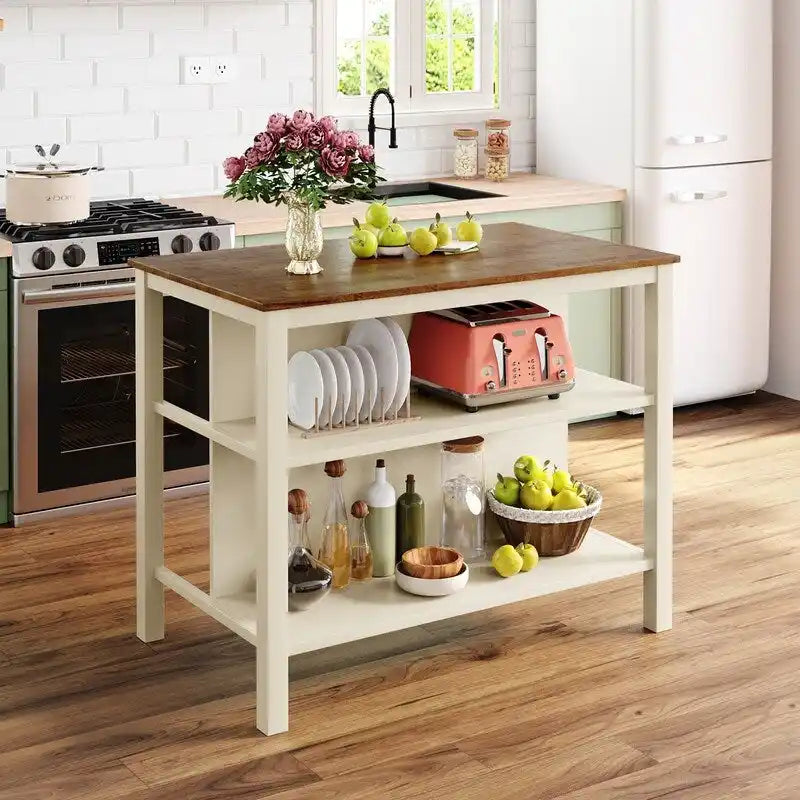 Solid Wood Rustic 45-Inch Kitchen Island with Two Open Shelves