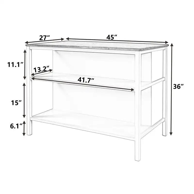 Solid Wood Rustic 45-Inch Kitchen Island with Two Open Shelves