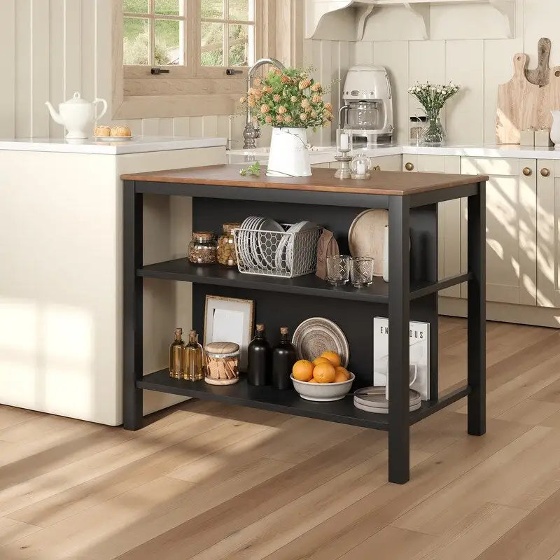 Solid Wood Rustic 45-Inch Kitchen Island with Two Open Shelves