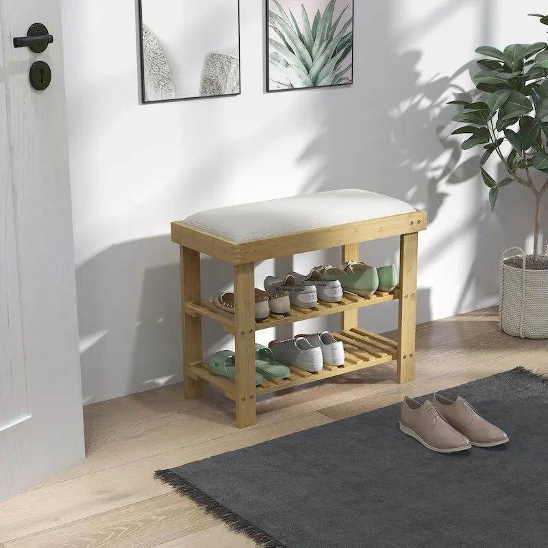Bamboo 3-Tier Entryway Bench with Cushion and Shoe Storage