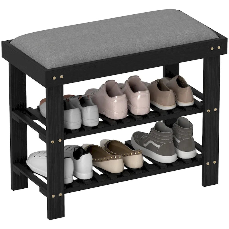 Bamboo 3-Tier Entryway Bench with Cushion and Shoe Storage