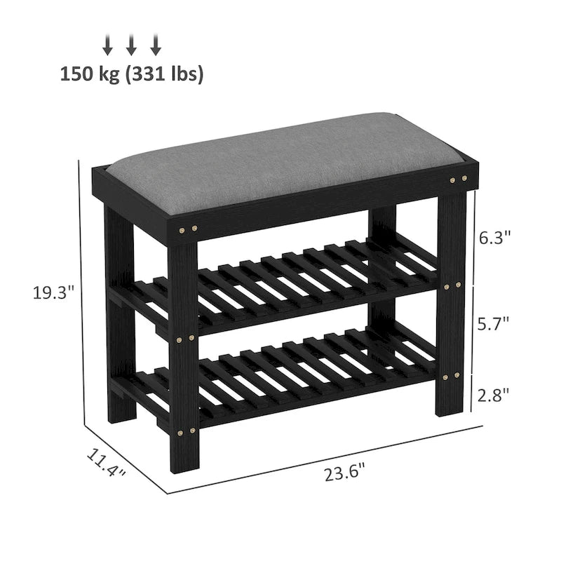 Bamboo 3-Tier Entryway Bench with Cushion and Shoe Storage