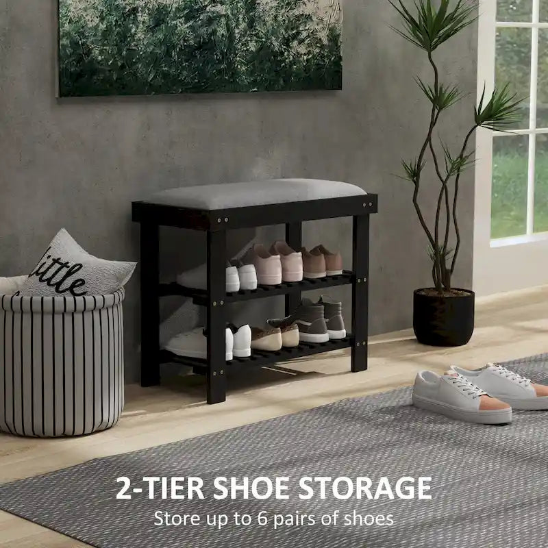 Bamboo 3-Tier Entryway Bench with Cushion and Shoe Storage
