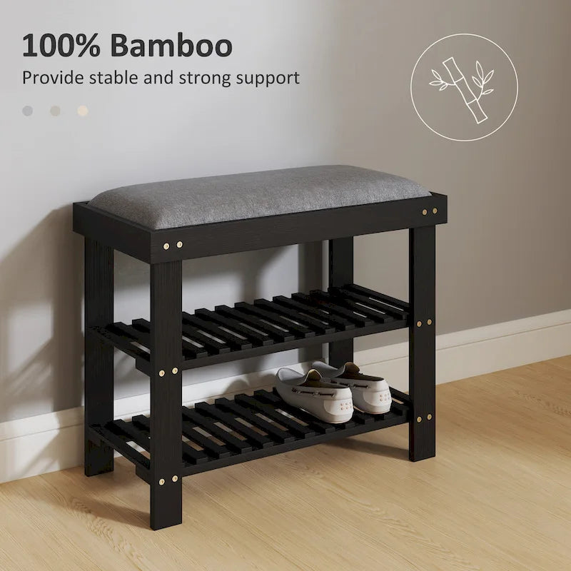 Bamboo 3-Tier Entryway Bench with Cushion and Shoe Storage