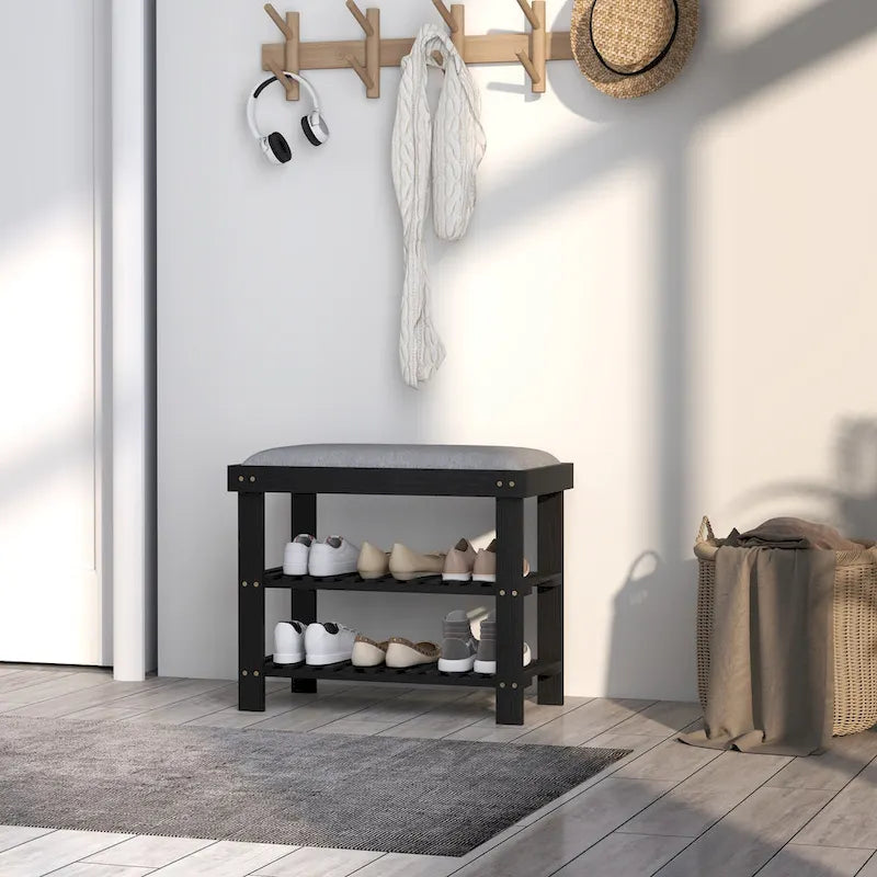 Bamboo 3-Tier Entryway Bench with Cushion and Shoe Storage