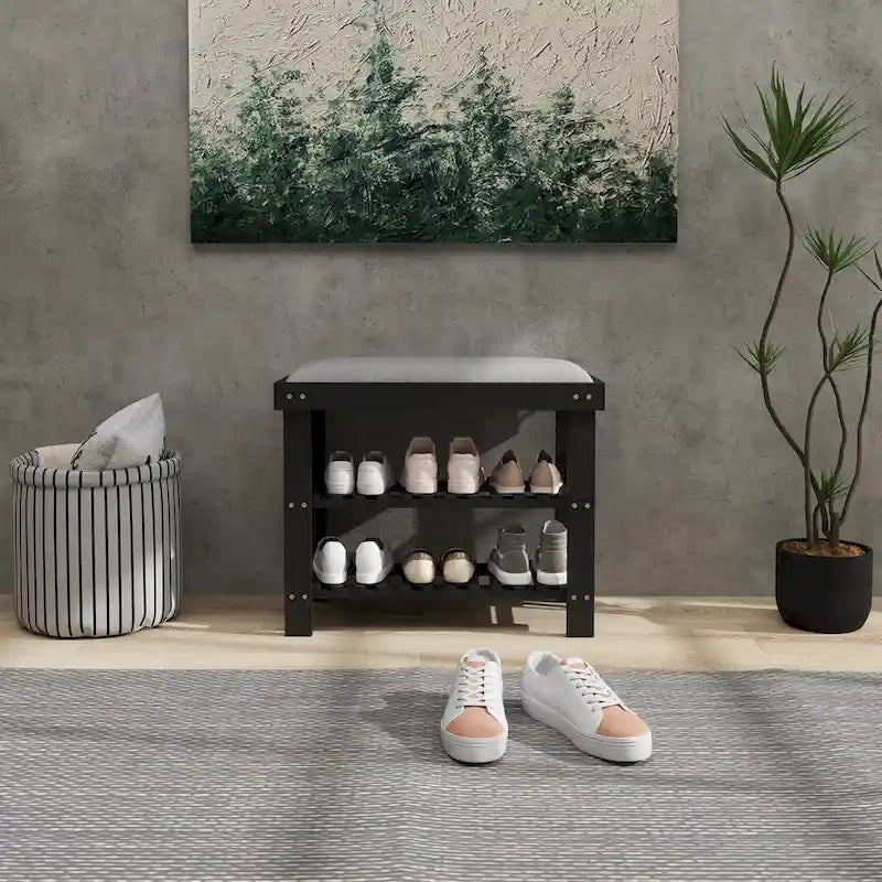 Bamboo 3-Tier Entryway Bench with Cushion and Shoe Storage