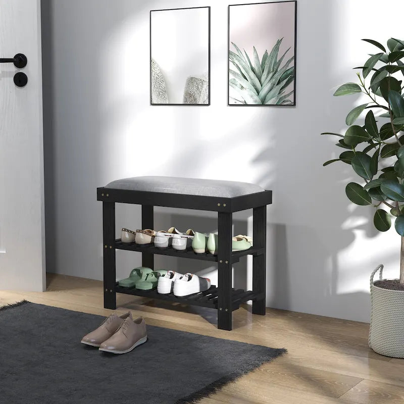 Bamboo 3-Tier Entryway Bench with Cushion and Shoe Storage