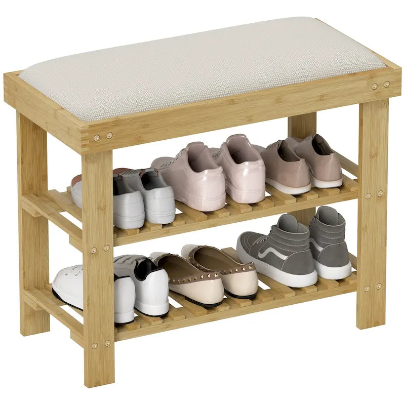 Bamboo 3-Tier Entryway Bench with Cushion and Shoe Storage