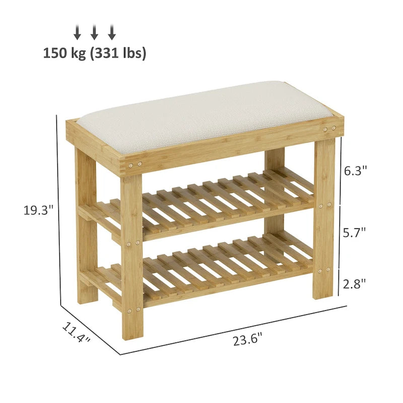 Bamboo 3-Tier Entryway Bench with Cushion and Shoe Storage
