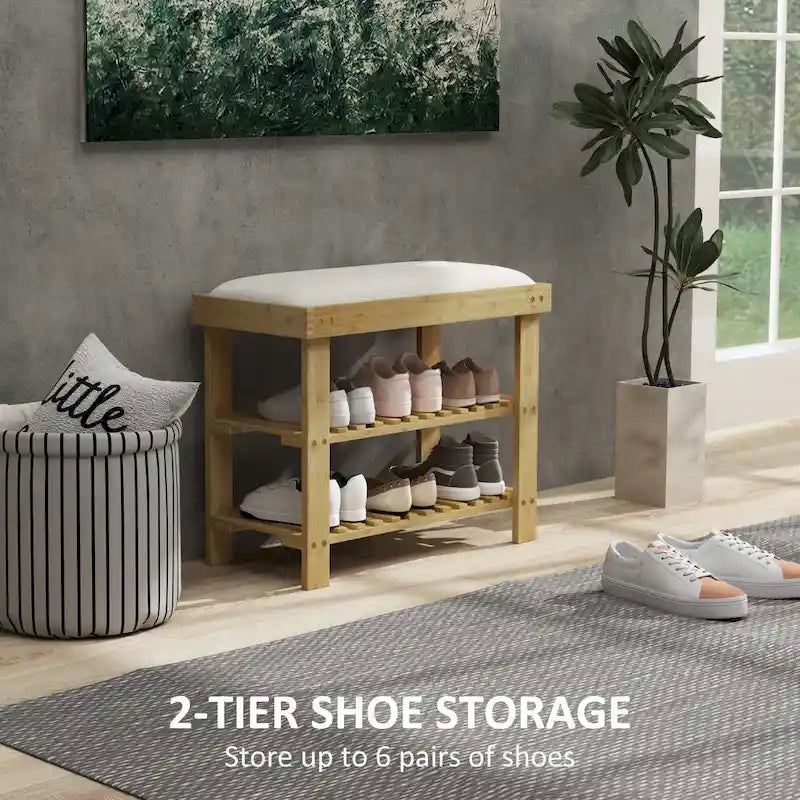 Bamboo 3-Tier Entryway Bench with Cushion and Shoe Storage