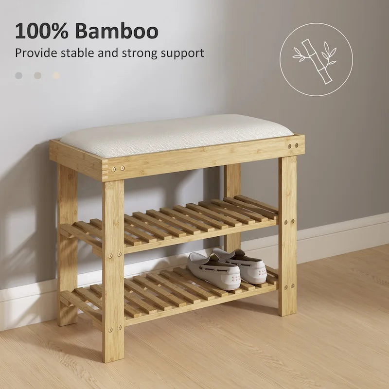 Bamboo 3-Tier Entryway Bench with Cushion and Shoe Storage