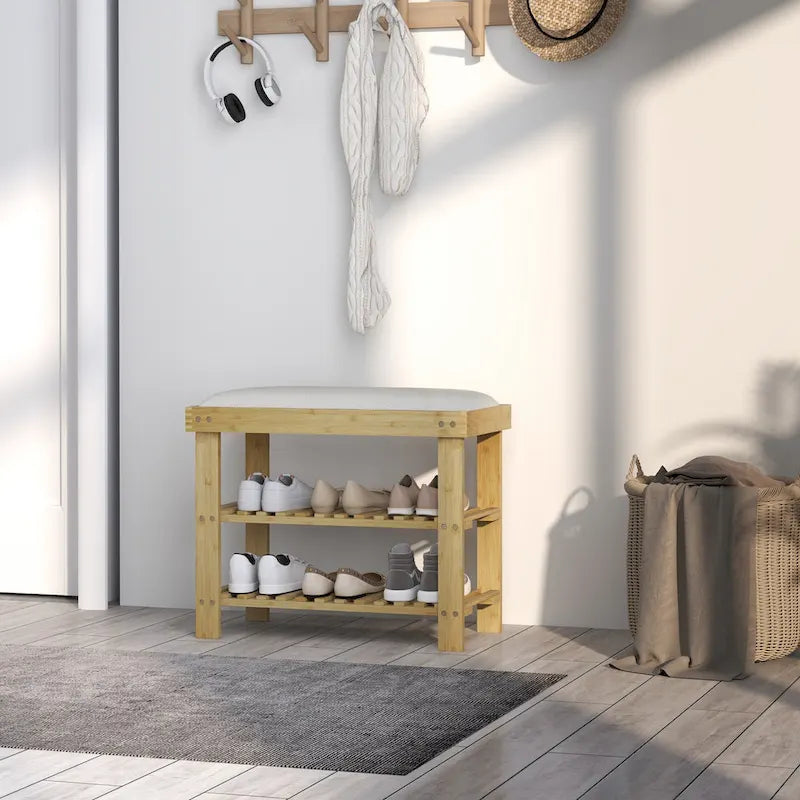 Bamboo 3-Tier Entryway Bench with Cushion and Shoe Storage