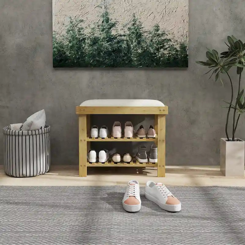 Bamboo 3-Tier Entryway Bench with Cushion and Shoe Storage