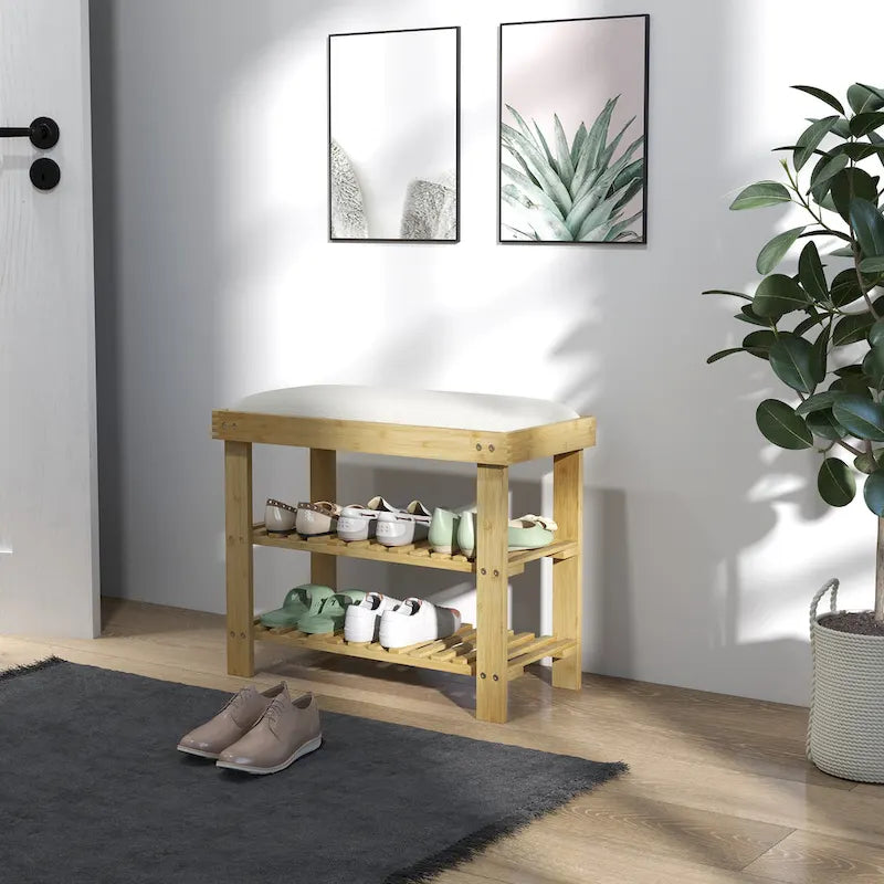 Bamboo 3-Tier Entryway Bench with Cushion and Shoe Storage