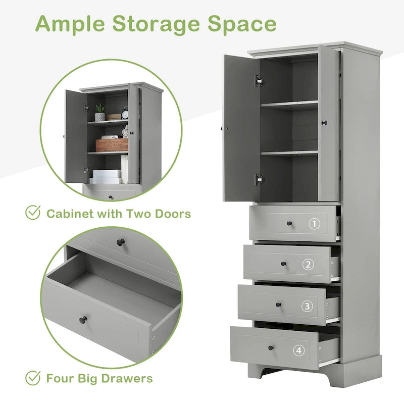 Storage Cabinet with 2 Doors and 4 Drawers for Bathroom Office