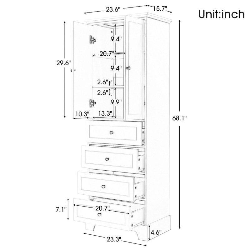 Storage Cabinet with 2 Doors and 4 Drawers for Bathroom Office