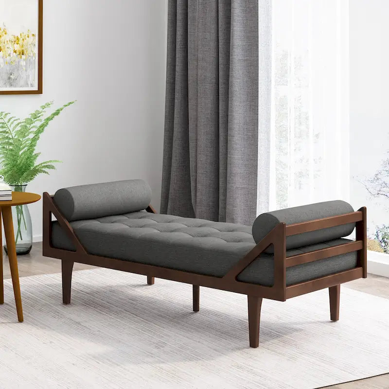 65" Modern Button Tufted Chaise Lounge with Bentwood Frame & Rolled Accent Pillows - Charcoal