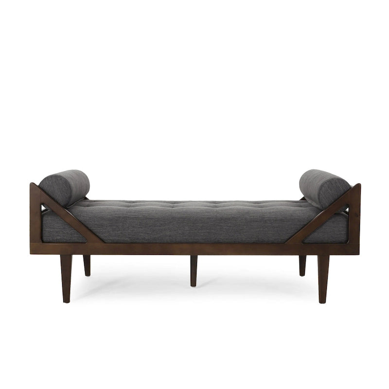 65" Modern Button Tufted Chaise Lounge with Bentwood Frame & Rolled Accent Pillows - Charcoal