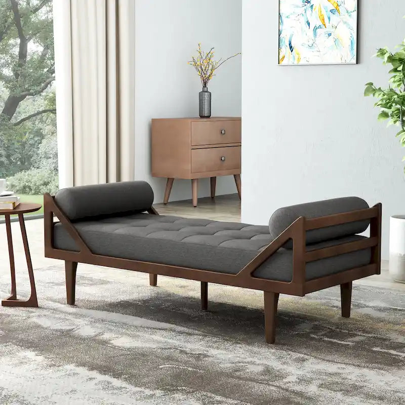 65" Modern Button Tufted Chaise Lounge with Bentwood Frame & Rolled Accent Pillows - Charcoal