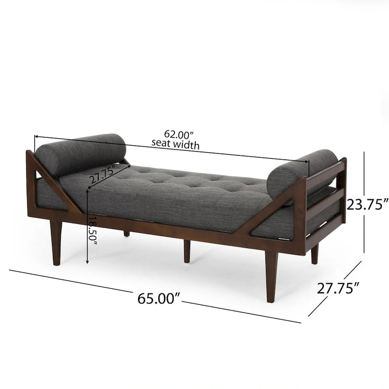 65" Modern Button Tufted Chaise Lounge with Bentwood Frame & Rolled Accent Pillows - Charcoal