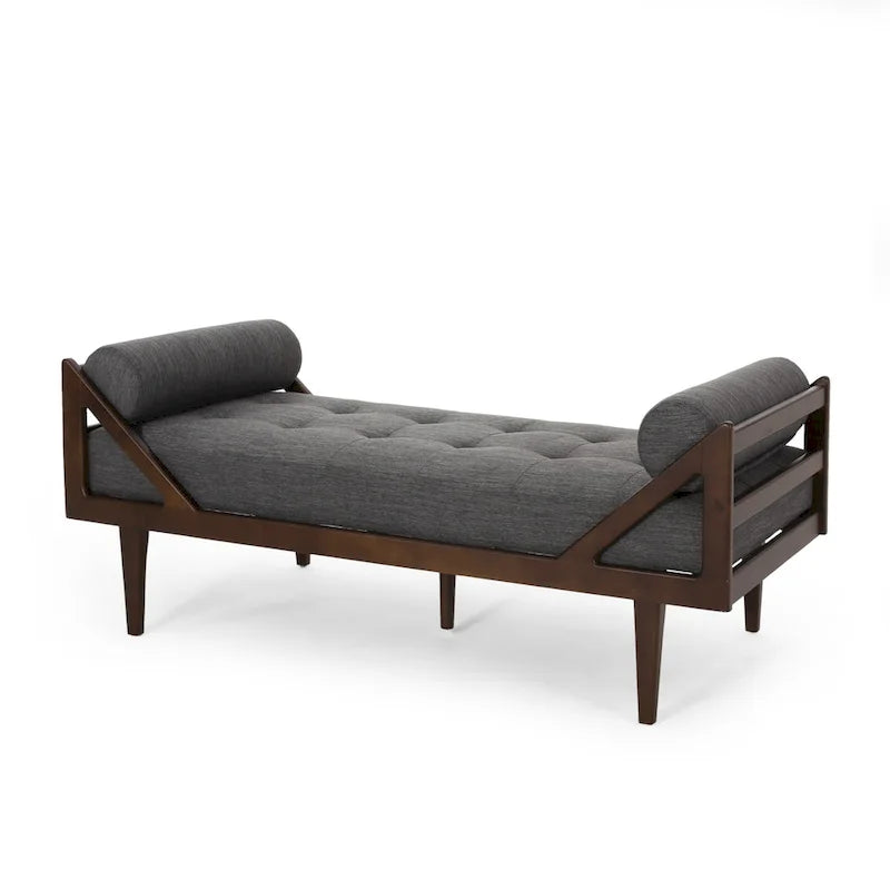 65" Modern Button Tufted Chaise Lounge with Bentwood Frame & Rolled Accent Pillows - Charcoal
