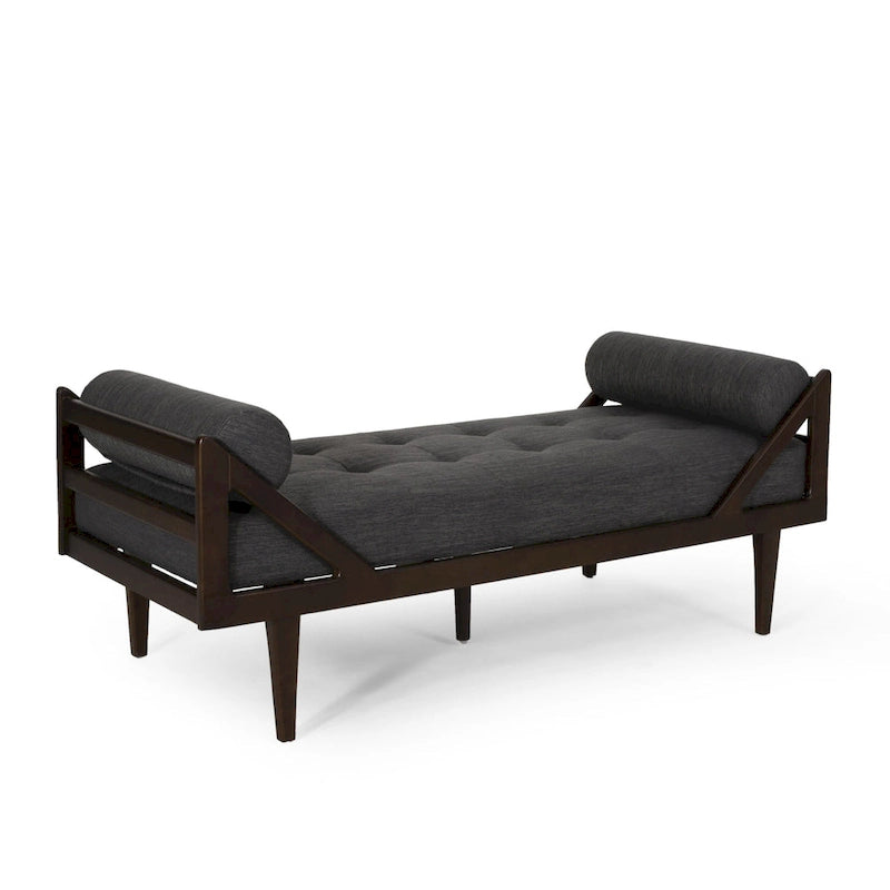 65" Modern Button Tufted Chaise Lounge with Bentwood Frame & Rolled Accent Pillows - Charcoal