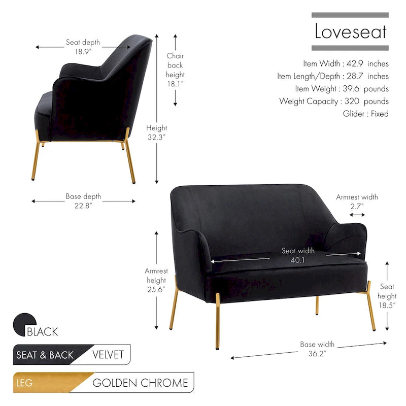 Velvet Loveseat Sofa with Gold Legs