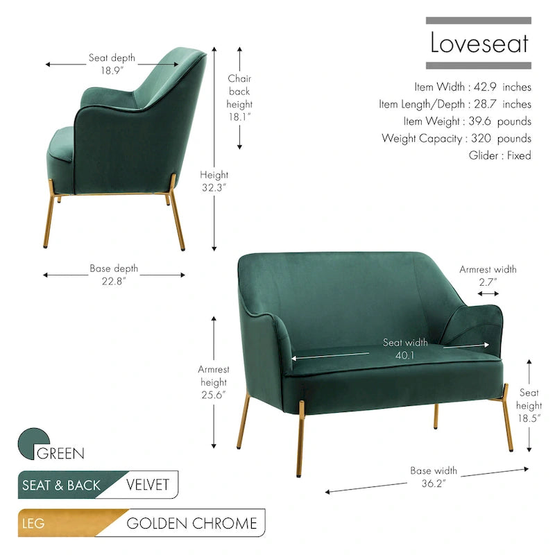 Velvet Loveseat Sofa with Gold Legs