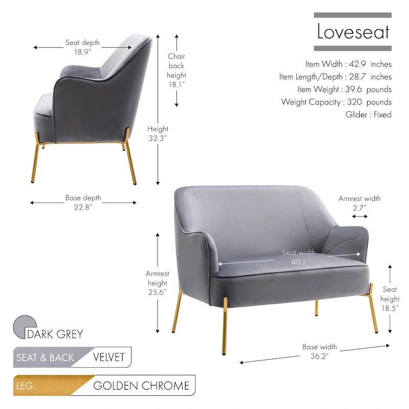 Velvet Loveseat Sofa with Gold Legs